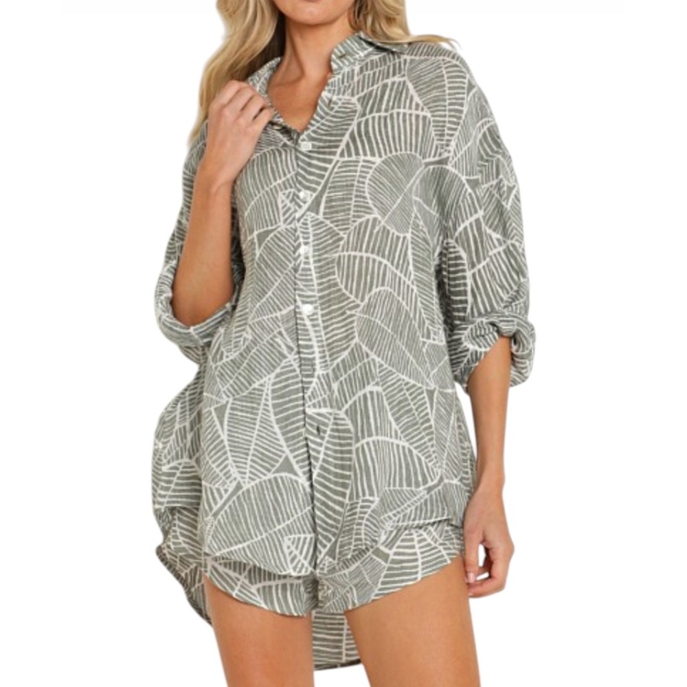 VITAMIN A Playa Shirt Dress OLIVE/WHITE SEA GREEN PALM PRINT Button-Up Top XS